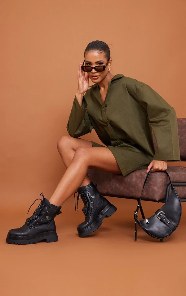 Robe Chemise Oversize Kaki Tissée Fendue 3 Robe Chemise Oversize Kaki Tissée Fendue – Image 3