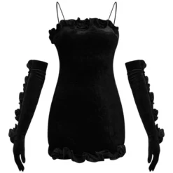 Robe Moulante Volantée En Velours Noir à Bretelles Et Gants -Pas Cher Robe Tendre Magasin 02a03dd21a704473db2ef9deadffcfc0f2fb9a80 cna9123 5