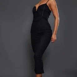 Robe Longue En Mesh Froncé Noir à Barre En V Et Bretelles -Pas Cher Robe Tendre Magasin 02b15744f7a9fcb07078627acb5c66971833b99a cnc7636 3