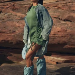 Robe Pull Oversize Bleu-vert En Sweat Froncé Oversize à Col Ras