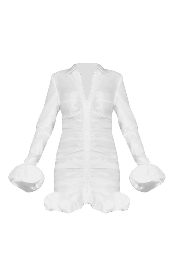 Robe Chemise Blanche Satinée à Devant Froncé Et Ourlet Volanté 5 Robe Chemise Blanche Satinée à Devant Froncé Et Ourlet Volanté – Image 5
