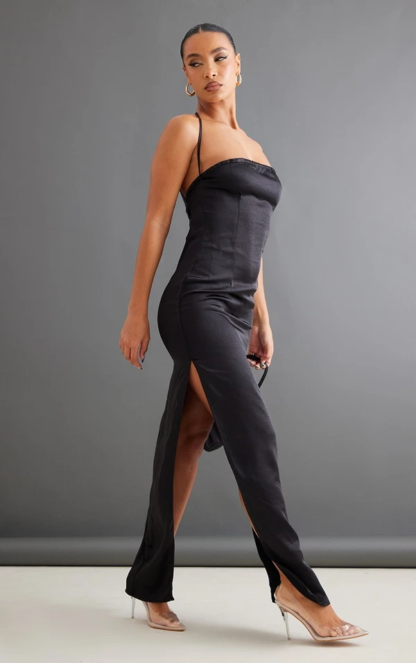 Robe Fendue Longue Satinée Noire à Dos Nu 3 Robe Fendue Longue Satinée Noire à Dos Nu – Image 3