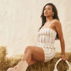 Robe Bustier Moulante Gris Pierre Effet Lin à Rayures -Pas Cher Robe Tendre Magasin 03fab9a0bbe72f1268c27c85c84d0ccd9b8764dc cnd8852 3