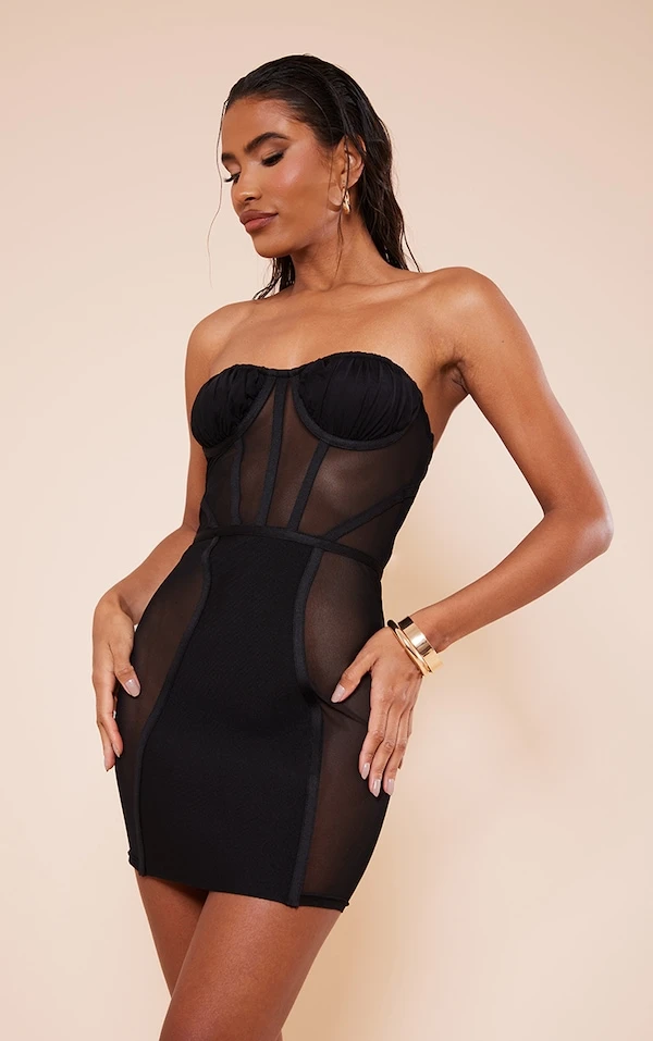 Robe Moulante Bandage Noire à Détail Corset Et Parties En Mesh 1 Robe Moulante Bandage Noire à Détail Corset Et Parties En Mesh