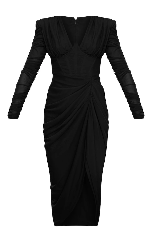 Robe Mi-longue En Mesh Froncé Drapé Noir à Manches Longues 5 Robe Mi-longue En Mesh Froncé Drapé Noir à Manches Longues – Image 5