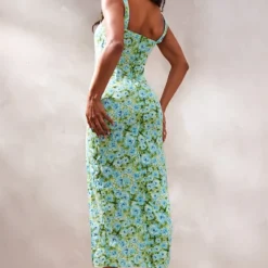 Robe Mi-longue Tissée Verte Fleurie Fendue -Pas Cher Robe Tendre Magasin 0602d096bf0366047833d7db524bfe9647d23d87 cnd2044 2