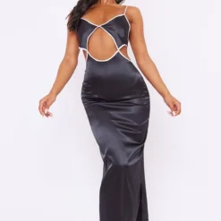 Robe Mi-longue Satinée Noire Découpée à La Taille à Bretelles -Pas Cher Robe Tendre Magasin 06a686bbcb786cfad2e0eba335bd896052ef584d cnd0610 3