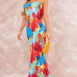 Logic Robe Bustier Longue Plissée Multicolore à Fleurs Abstraites Et Dos Bénitier