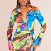 Robe Chemise Satinée Imprimé Abstrait Multicolore à Détail Noué