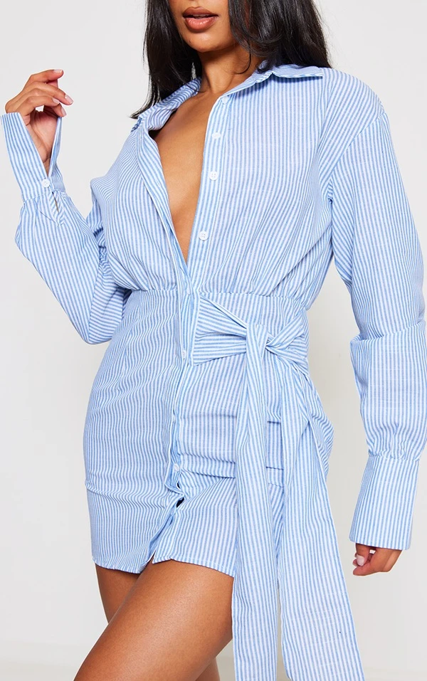 Robe Chemise Rayée Bleu Clair à Boutons Et Noeud 3 Robe Chemise Rayée Bleu Clair à Boutons Et Noeud – Image 3