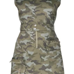 Robe Moulante Verte Imprimé Camouflage à Ceinture Et Poches Zippées -Pas Cher Robe Tendre Magasin 08ffe23cc1526f00252d95107047c81978da6533 cnb7181 5