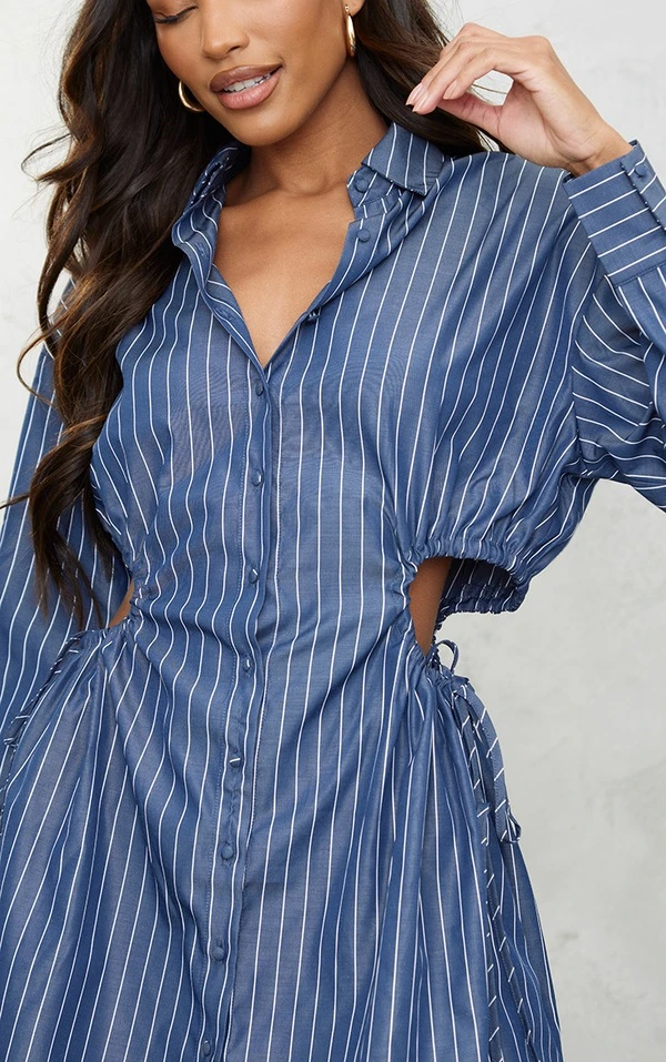 Robe Chemise Bleu Foncé à Taille Froncée Et Découpée 4 Robe Chemise Bleu Foncé à Taille Froncée Et Découpée – Image 4