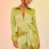 Robe Chemise Satinée Vert Citron à Détail Drapé Et Ourlet Frangé