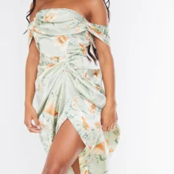 Robe Mi-longue Satinée Vert Sauge Effet Drapé à Col Bardot -Pas Cher Robe Tendre Magasin 0ae0a61a67c8bf866e4057d5421d6b4d2d323ca3 cmq6545 5