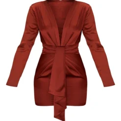 Robe Moulante Satinée Rouille à Manches Longues Et Décolleté Plongeant -Pas Cher Robe Tendre Magasin 0b405695535304520557f2e98016173cc24d2945 cmt7010 6