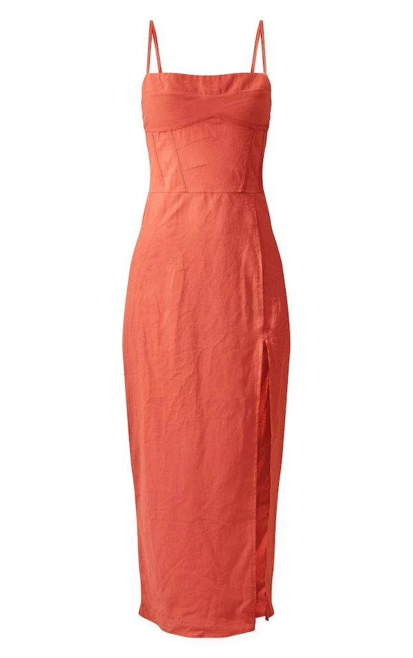 Robe Mi-longue Rouille Fendue à Corset Et Bretelles Fines 5 Robe Mi-longue Rouille Fendue à Corset Et Bretelles Fines – Image 5