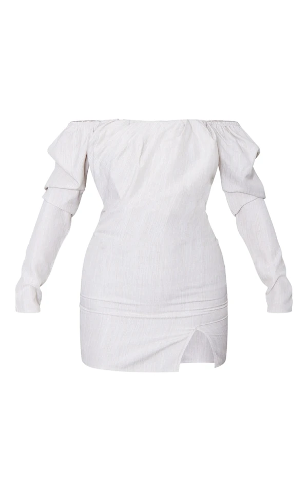 Robe Moulante Gris Pierre Effet Lin Plissée à Liserés Et Col Bardot 5 Robe Moulante Gris Pierre Effet Lin Plissée à Liserés Et Col Bardot – Image 5