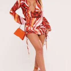 Robe Moulante Orange Satinée Froncée Imprimé Tourbillons à Col Bénitier Plongeant Et Manches Longues -Pas Cher Robe Tendre Magasin 0bdcc2ff3099dea30dafa7e8b48309e8650ca65e cne3794 3