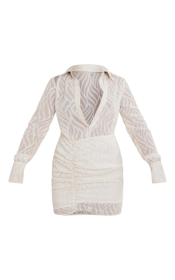 Robe Droite Texturée Transparente Crème à Boutons Et Jupe Froncée 5 Robe Droite Texturée Transparente Crème à Boutons Et Jupe Froncée – Image 5