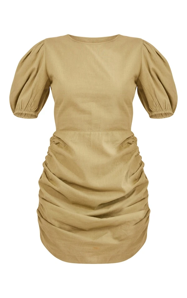 Robe Moulante Effet Lin Kaki à Col Rond Et Jupe Froncée 5 Robe Moulante Effet Lin Kaki à Col Rond Et Jupe Froncée – Image 5