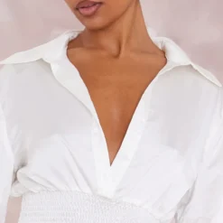 Robe Chemise Satinée Crème à Taille Froncée -Pas Cher Robe Tendre Magasin 0e2674a4e7748c8de3d0a490bb1ea066b7fc1aec cne1413 4