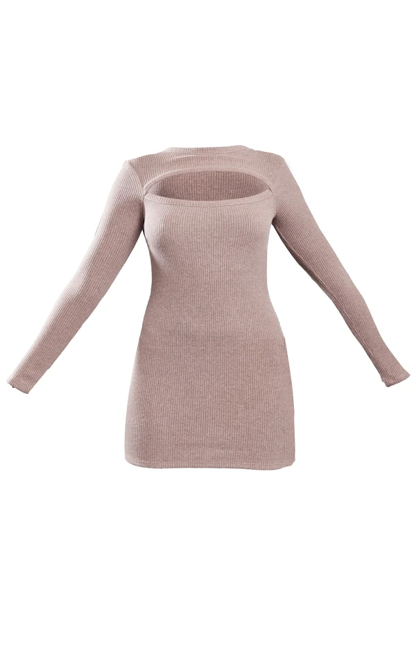 Robe Moulante Côtelée Café Au Lait à Découpe Et Manches Longues 5 Robe Moulante Côtelée Café Au Lait à Découpe Et Manches Longues – Image 5