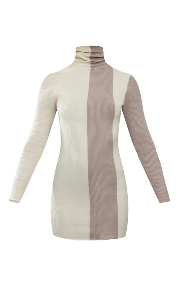 Robe En Maille Tricot Café Au Lait à Rayures Contrastantes Et Manches Longues 5 Robe En Maille Tricot Café Au Lait à Rayures Contrastantes Et Manches Longues – Image 5