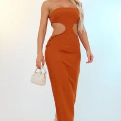 Robe Longue Bustier En Effet Lin Rouille Découpée Sur Les Côtés
