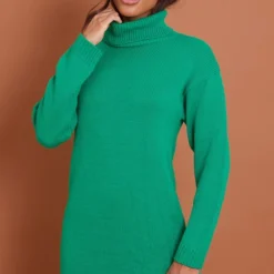 Robe Pull Verte Basique En Maille Tricot à Col Roulé -Pas Cher Robe Tendre Magasin 0efeaf3dd6302fd75b62a62df14895af792023ee cmz8161 3