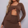 Robe Cache-coeur Moulante Côtelée Chocolat à Découpes