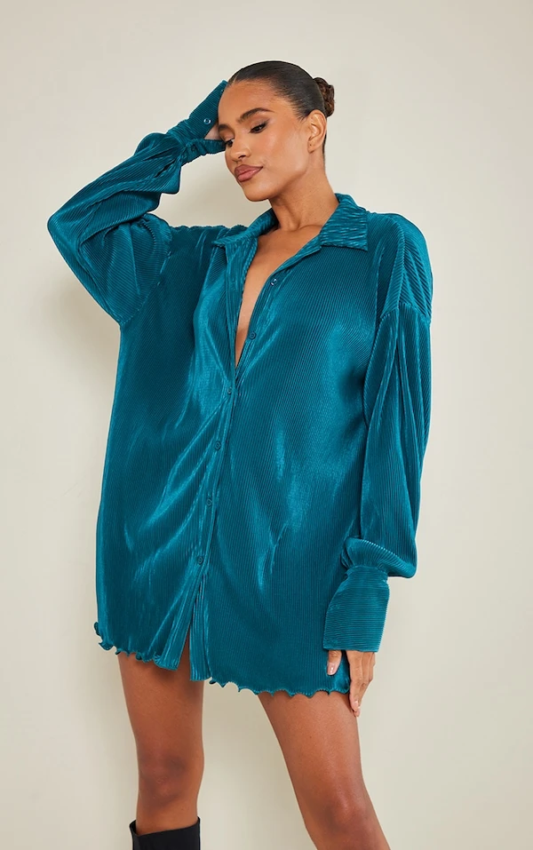 Robe Chemise Plissée Bleu Sarcelle à Ourlet Volanté 1 Robe Chemise Plissée Bleu Sarcelle à Ourlet Volanté
