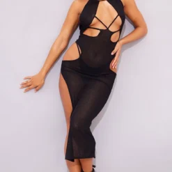Robe Longue En Maille Tricot Transparente Noire Découpée