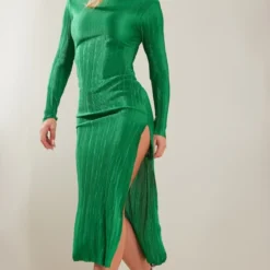 Robe Mi-longue Plissée Verte à Manches Longues Et Fente -Pas Cher Robe Tendre Magasin 115e07a2681b19a2810fab47de90d8a7efc021bf cnc3057 3