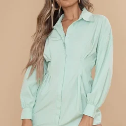 Robe Chemise Ajustée Vert Sauge Kaki à Manches Longues