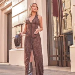 Robe Longue En Mousseline De Soie Chocolat Imprimé Croco -Pas Cher Robe Tendre Magasin 15480cc28d6ba16bdfa1f6b9397c3f6c98328d5e CMW1225 3