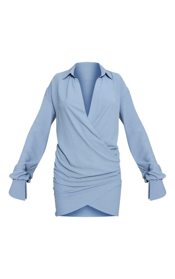 Robe Chemise Tissée Bleu Clair Texturée Très Décolletée à Manchettes évasées 5 Robe Chemise Tissée Bleu Clair Texturée Très Décolletée à Manchettes évasées – Image 5
