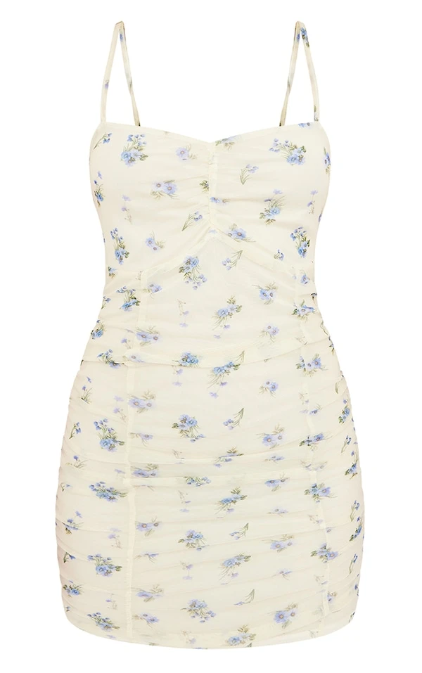 Robe Moulante Multicolore Imprimé Petites Fleurs Froncée à Mesh Superposé Et Bretelles 5 Robe Moulante Multicolore Imprimé Petites Fleurs Froncée à Mesh Superposé Et Bretelles – Image 5