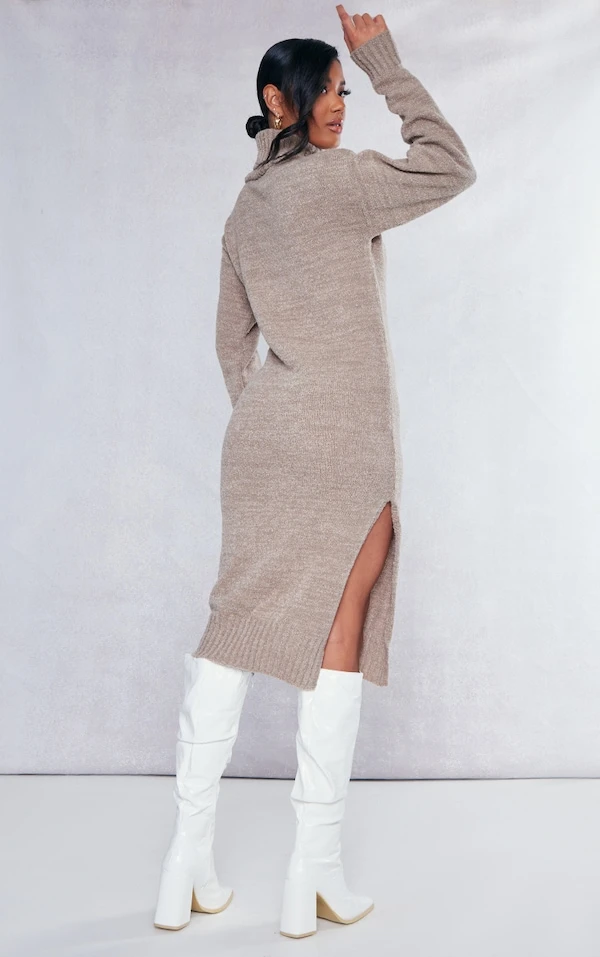 Robe Pull Mi-longue En Maille Gris Pierre à Boucle Et Col Roulé 2 Robe Pull Mi-longue En Maille Gris Pierre à Boucle Et Col Roulé – Image 2