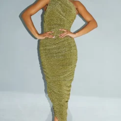 Robe Longue Asymétrique Plissée Dorée à Paillettes Et Fronces