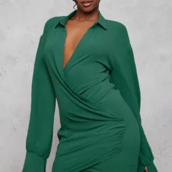 Robe Chemise Tissée Bleu Sarcelle Texturée Très Décolletée à Manchettes évasées