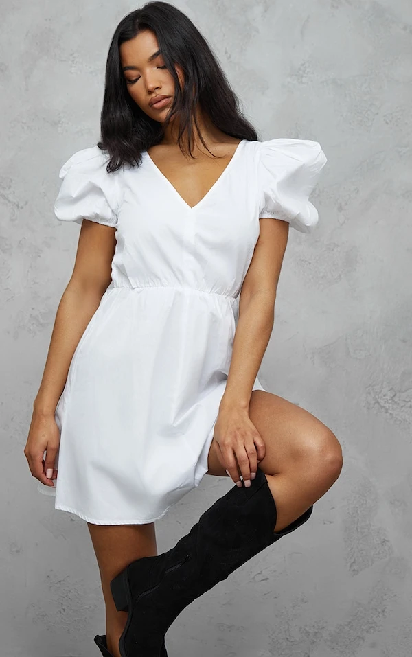 Robe Droite En Popeline Blanche à Manches Bouffantes 1 Robe Droite En Popeline Blanche à Manches Bouffantes