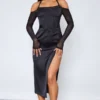 Robe Mi-longue Fendue Noire Satinée Dos Nu à Corset En Mesh