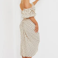 Robe Mi-longue Drapée Crème Imprimé Pois à Col Bardot Et Manches Volantées -Pas Cher Robe Tendre Magasin 1a259bf9c2a9cc03fafff13a22fb8e10e1af3f1c cmq6556 3