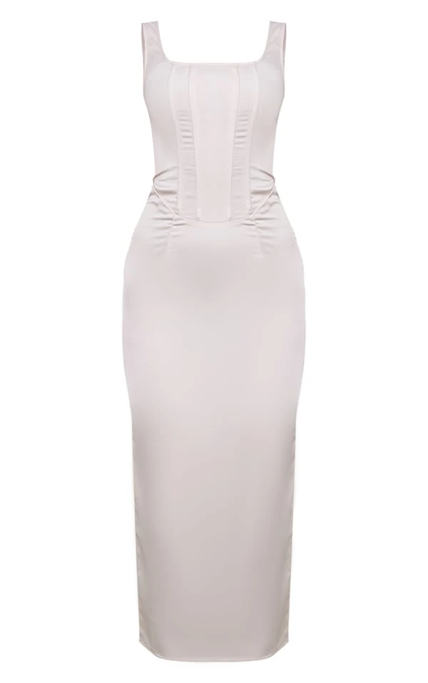 Robe Corset Longue Satinée Champagne à Col Carré 5 Robe Corset Longue Satinée Champagne à Col Carré – Image 5