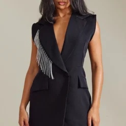 Robe Blazer Noire Ajustée à Bordures Frangées Strassées -Pas Cher Robe Tendre Magasin 1caf7a0bc3a007dcebc2190518ad463dc681b372 cnb0821 3