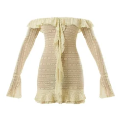 Robe Moulante Drapée En Dentelle Kaki Transparente à Col Bardot Et Volants -Pas Cher Robe Tendre Magasin 1d65ebd34edc6f73dab2ddb654968bca61f116d1 cne3763 5