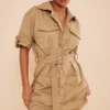 Robe Chemise Cargo Sable Clair Ceinturée à Manches