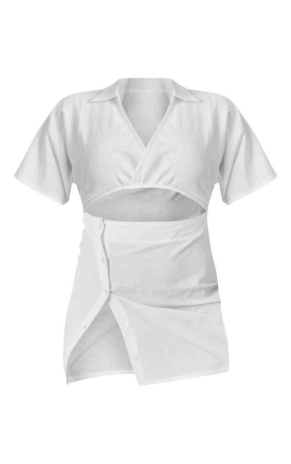 Robe Chemise Effet Lin Blanc Découpée à La Taille Et Jupe Boutonnée 5 Robe Chemise Effet Lin Blanc Découpée à La Taille Et Jupe Boutonnée – Image 5