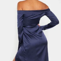 Robe Portefeuille Mi-longue Satinée Bleu Marine à Col Bardot Replié -Pas Cher Robe Tendre Magasin 21155c5d395b009b18831135007485b732d395fe clz7367 2