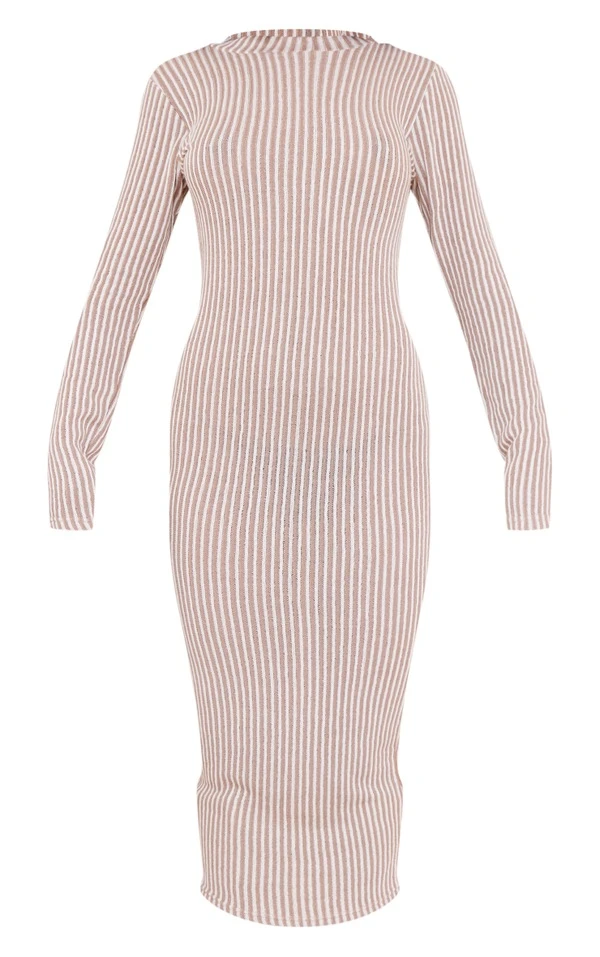 Robe Mi-longue Côtelée Bicolore Sable à Col Montant 5 Robe Mi-longue Côtelée Bicolore Sable à Col Montant – Image 5